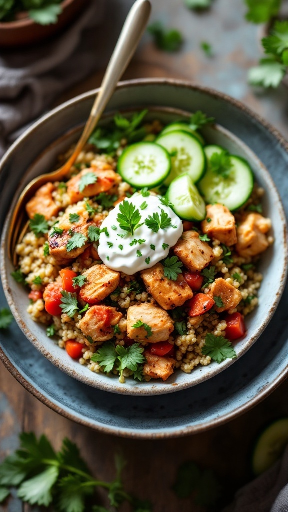 A bowl of Greek Yogurt Chicken Quinoa Bowl with chicken, quinoa, veggies, and yogurt topping.