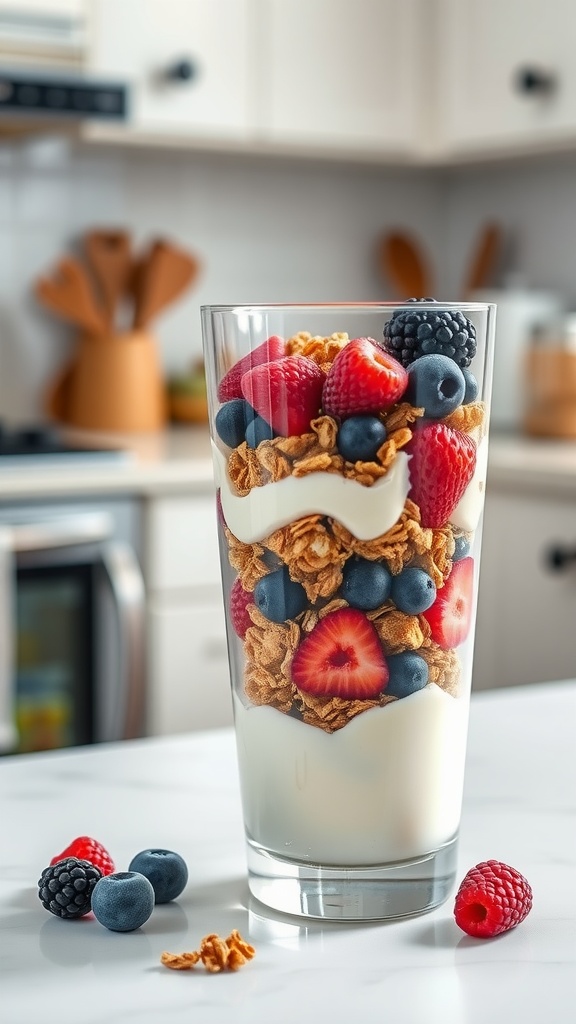 A glass of Greek yogurt parfait layered with berries and granola on a kitchen counter.