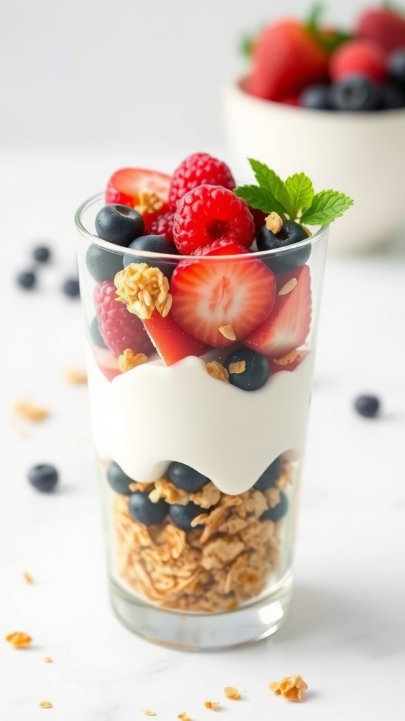 A delicious Greek yogurt parfait with layers of yogurt, strawberries, raspberries, blueberries, and granola.