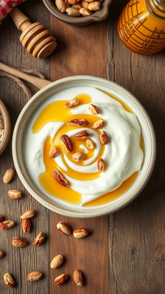 A bowl of Greek yogurt topped with honey and nuts, placed on a wooden surface.