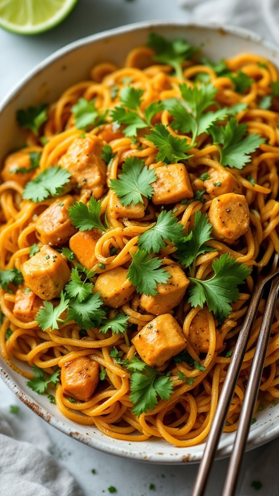 A bowl of Green Curry Chicken with Sweet Potato Noodles garnished with cilantro