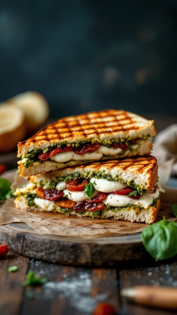 Grilled chicken and pesto panini with mozzarella and sun-dried tomatoes