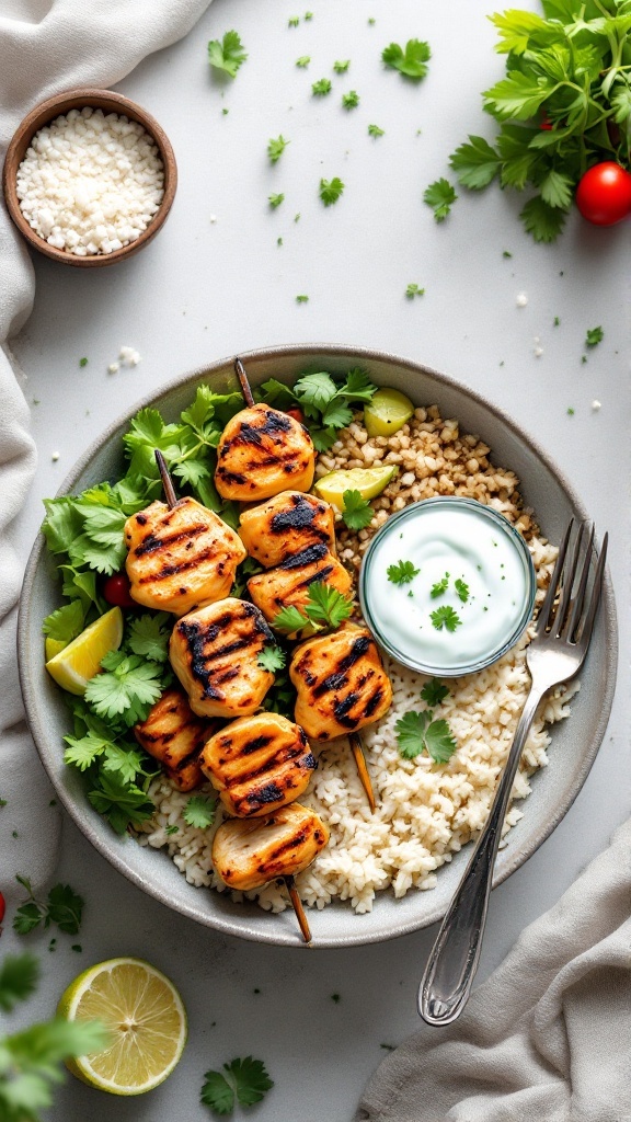 A bowl filled with grilled chicken skewers, rice, fresh herbs, and yogurt sauce