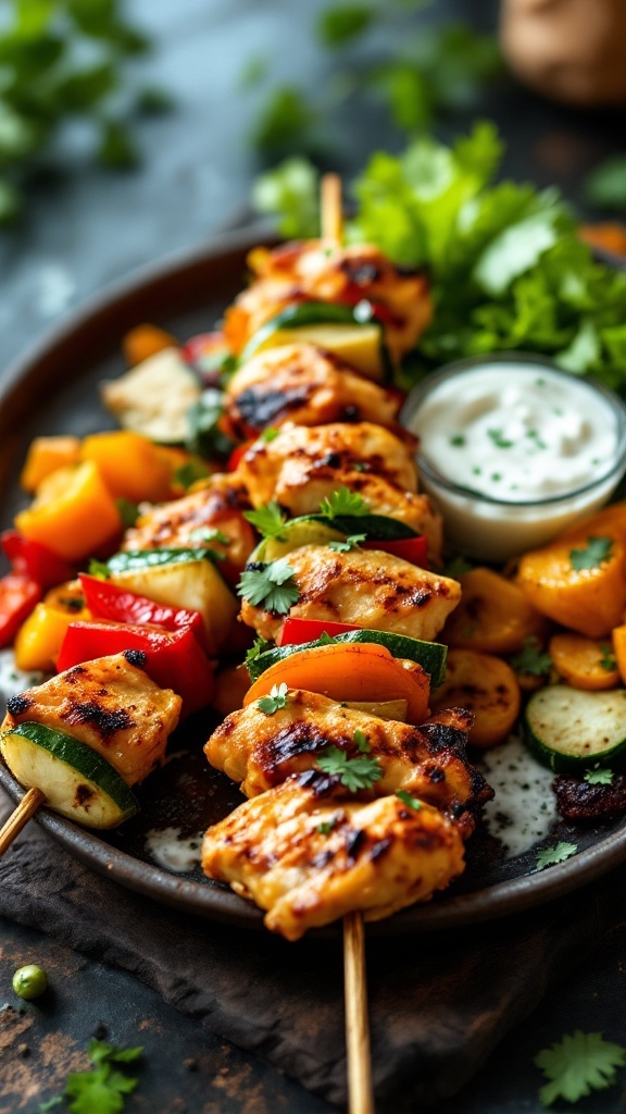 Grilled Chicken Tikka Skewers with Vegetables and Yogurt Dressing