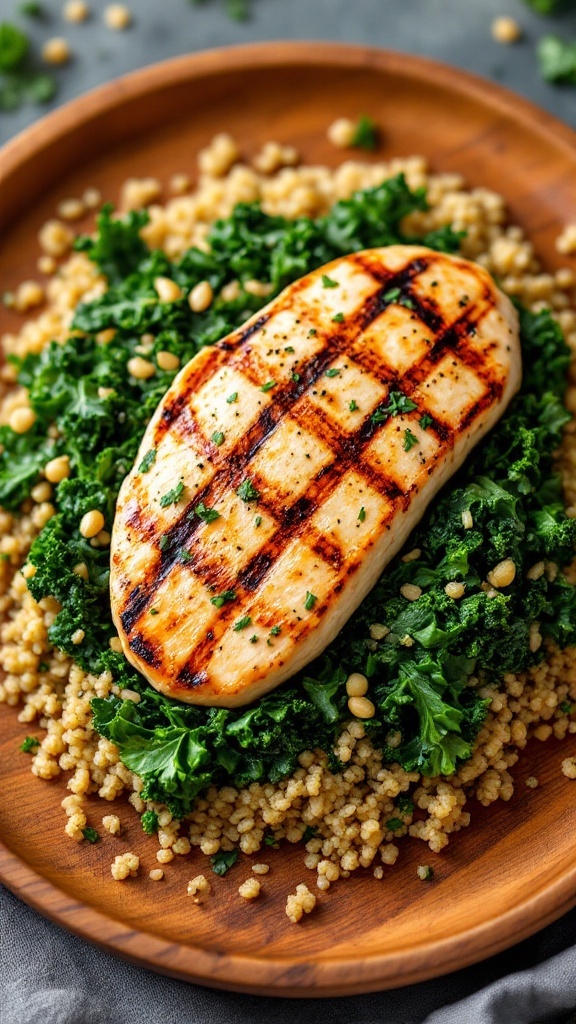 Plate of grilled chicken served over sautéed kale and quinoa with pine nuts.