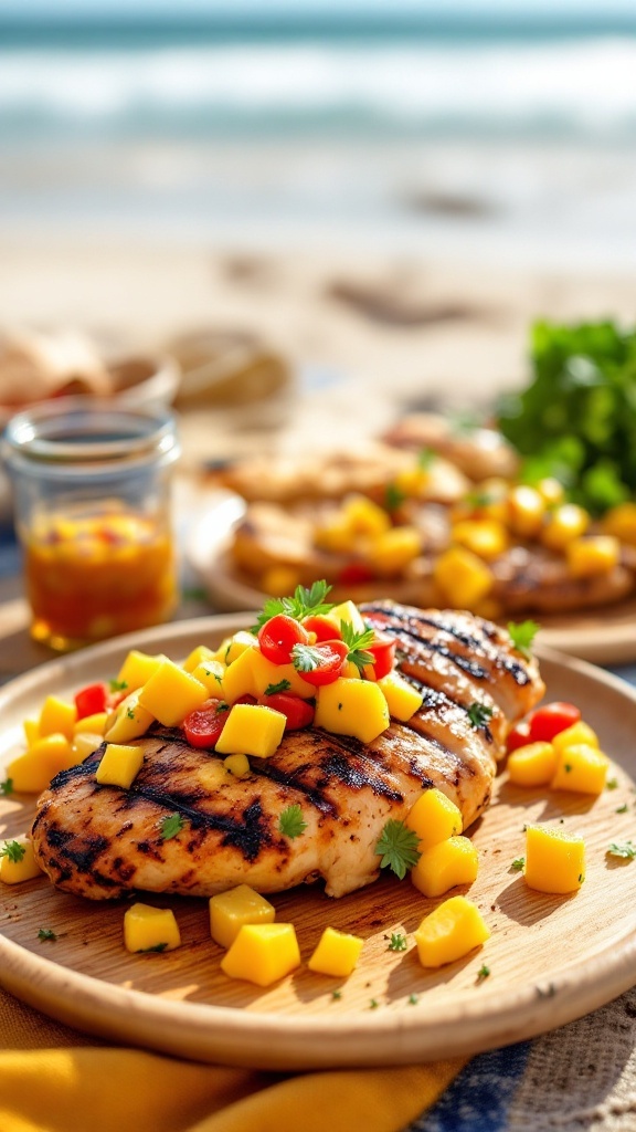 Grilled chicken topped with fresh mango salsa.