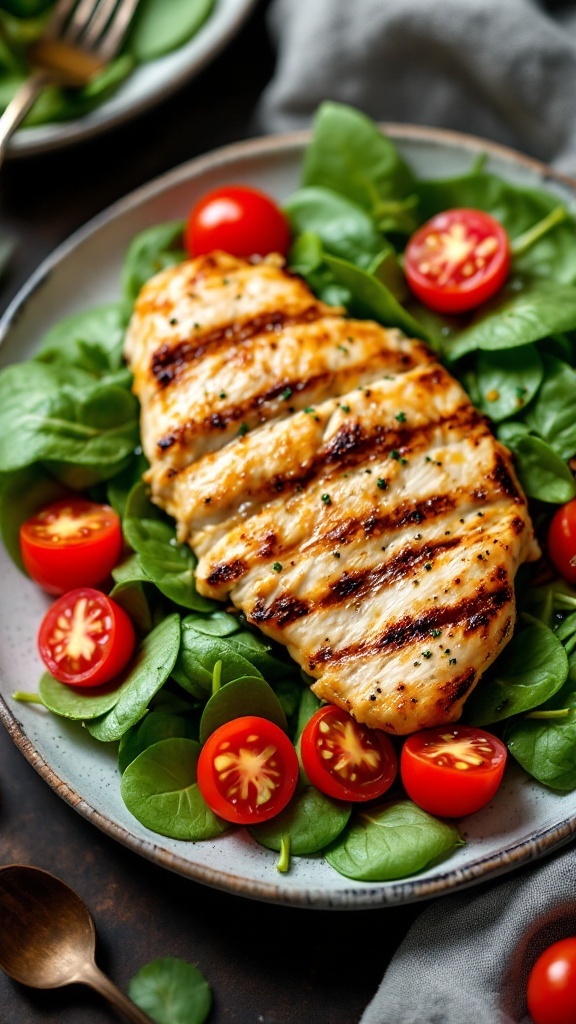 Grilled chicken served on a bed of fresh spinach with cherry tomatoes.