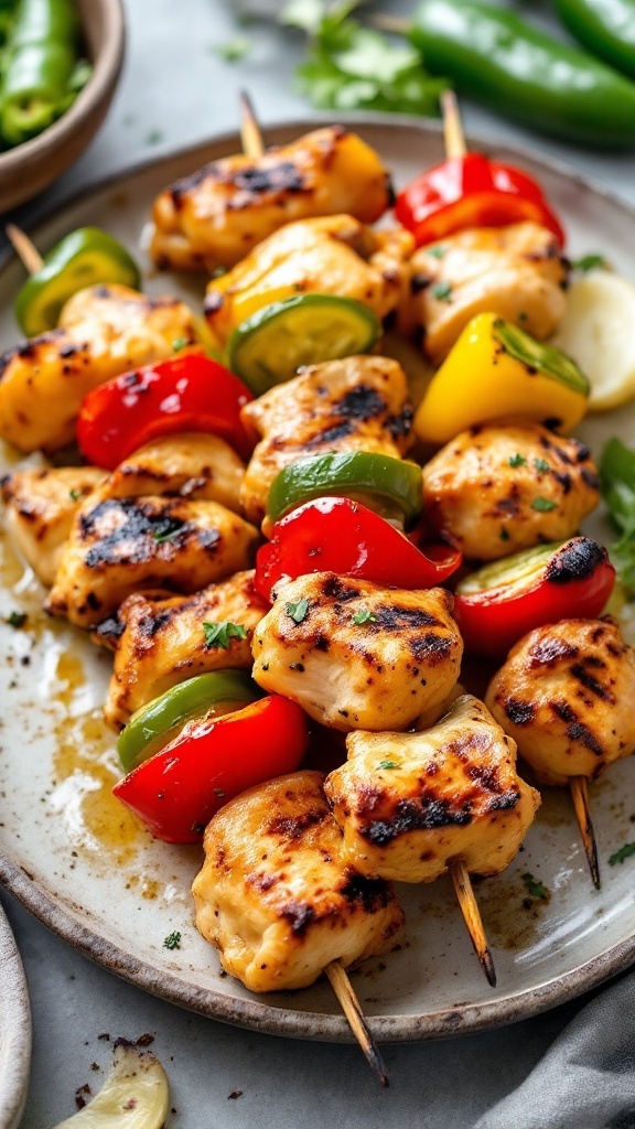 Delicious grilled chicken skewers with jalapenos and bell peppers