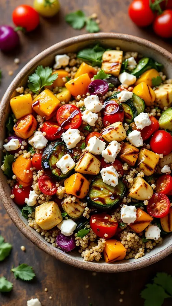 A colorful bowl of grilled vegetable and quinoa salad with feta and herbs.