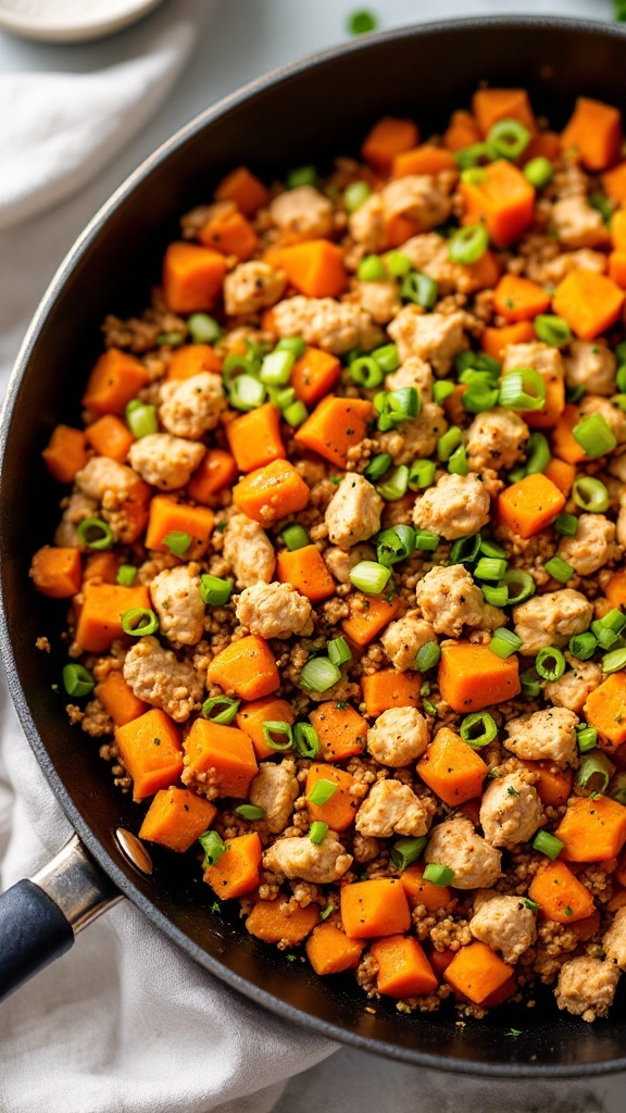 A delicious ground chicken and sweet potato hash with green onions on top.