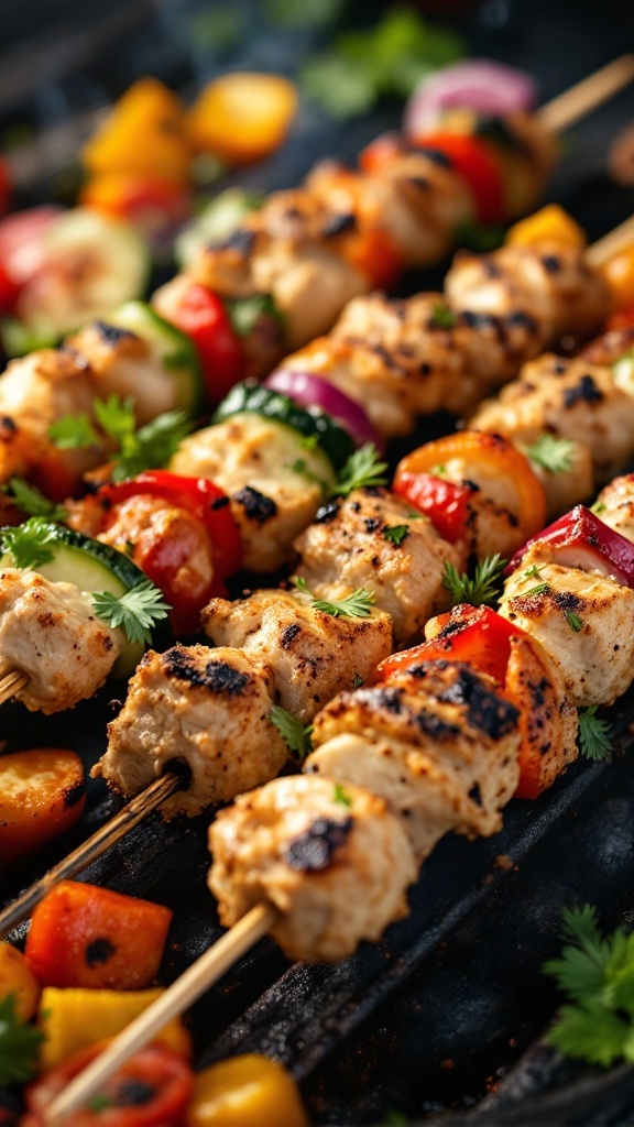 Deliciously grilled ground chicken and vegetable skewers ready to eat.