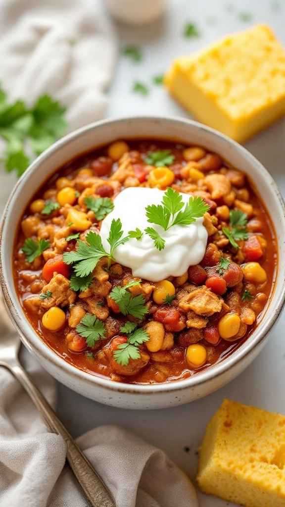 A bowl of hearty ground chicken chili topped with sour cream and cilantro, with a piece of cornbread on the side.