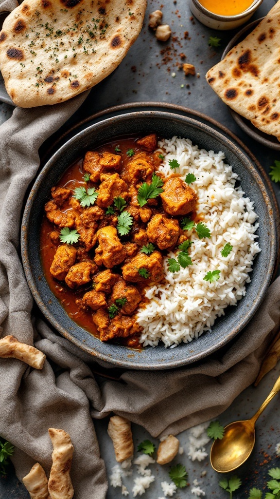 A bowl of ground chicken curry served with rice and naan.