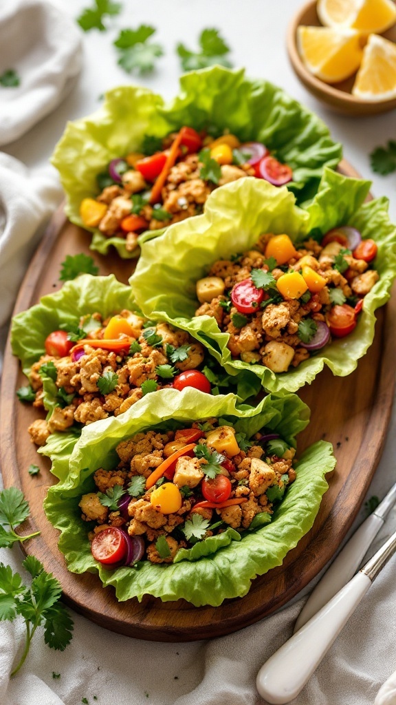 Delicious ground chicken lettuce wraps filled with colorful vegetables.