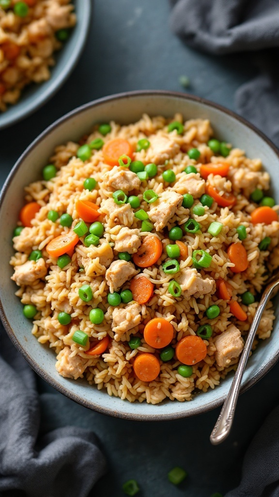 Bowl of Ground Chicken Stir-Fried Rice with peas, carrots, and green onions.