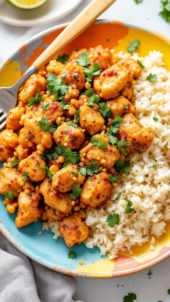 A plate of Healthier Chicken Ala King served with cauliflower rice, garnished with parsley.