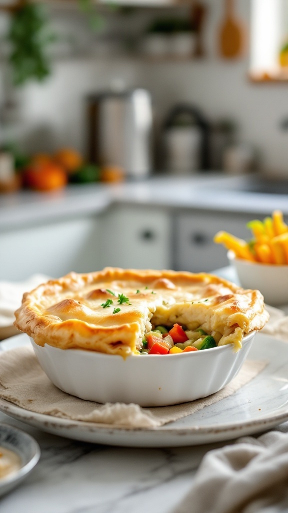 A homemade healthier chicken pot pie with a flaky crust and colorful vegetables.