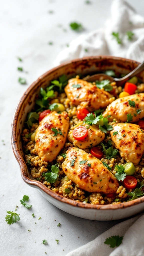 Healthy Quinoa Chicken Casserole in a baking dish