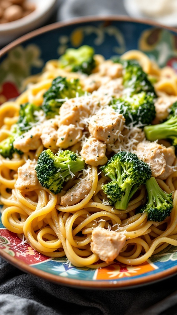 A bowl of chicken and broccoli Alfredo pasta.