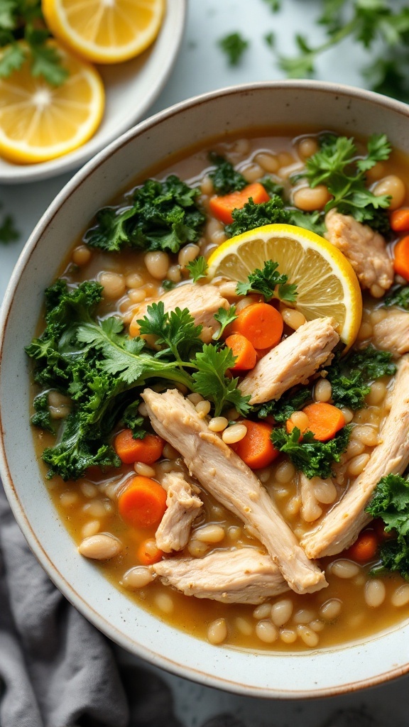 A bowl of hearty chicken barley and kale soup with carrots and lemon slices