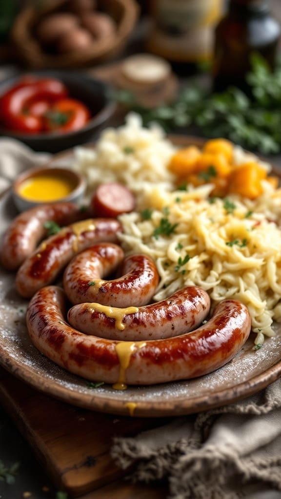 Hearty German sausage platter with sausages, egg noodles, sauerkraut, and mustard.