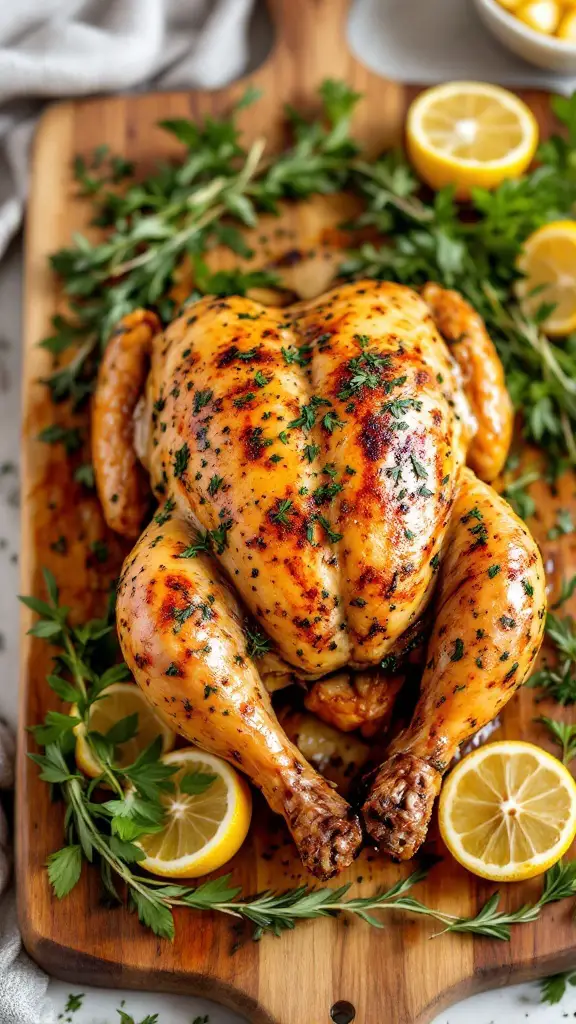 A beautifully roasted chicken garnished with fresh herbs and lemon slices