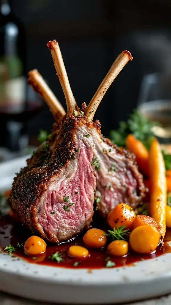 Herb-Crusted Rack of Lamb served with roasted vegetables