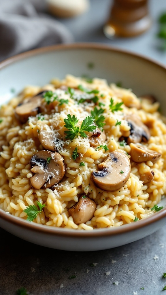 A bowl of creamy chicken and mushroom risotto garnished with herbs