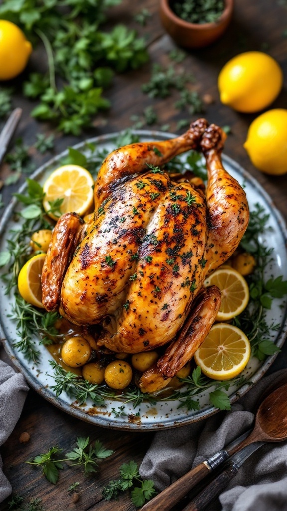 Herb-Infused Lemon Roast Chicken with garnishes