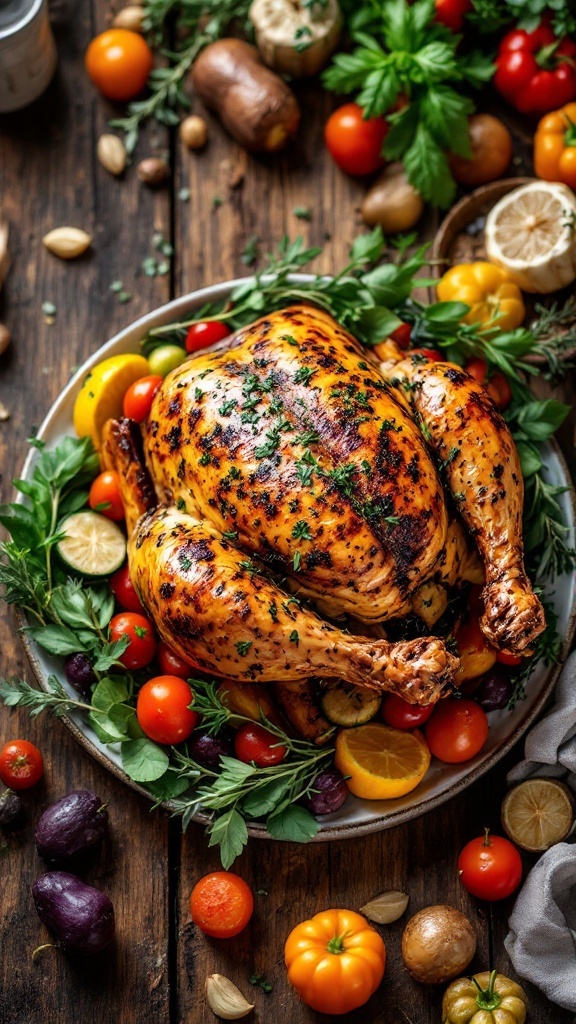 A beautifully roasted chicken surrounded by colorful seasonal vegetables, garnished with herbs.