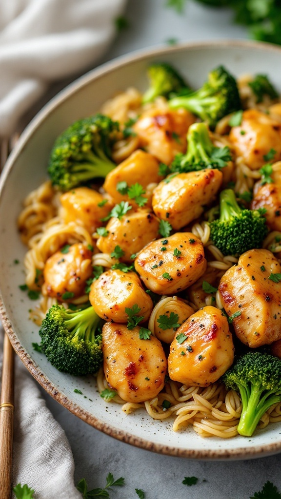 A delicious dish featuring herbed chicken and broccoli, served over noodles.