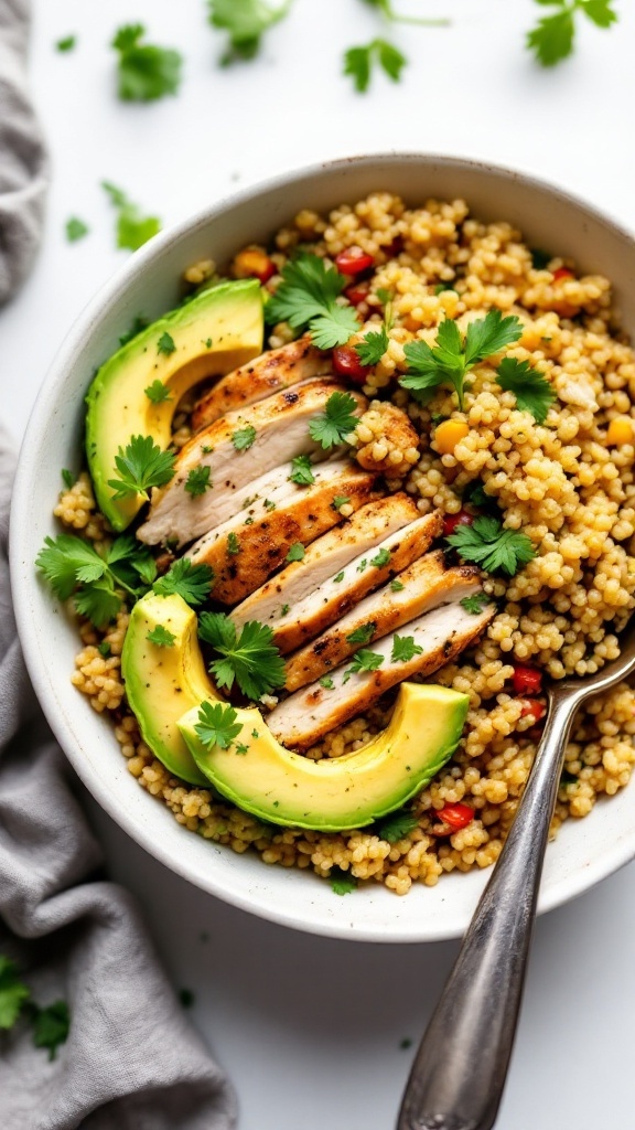 Herbed chicken and quinoa bowl with avocado and cilantro