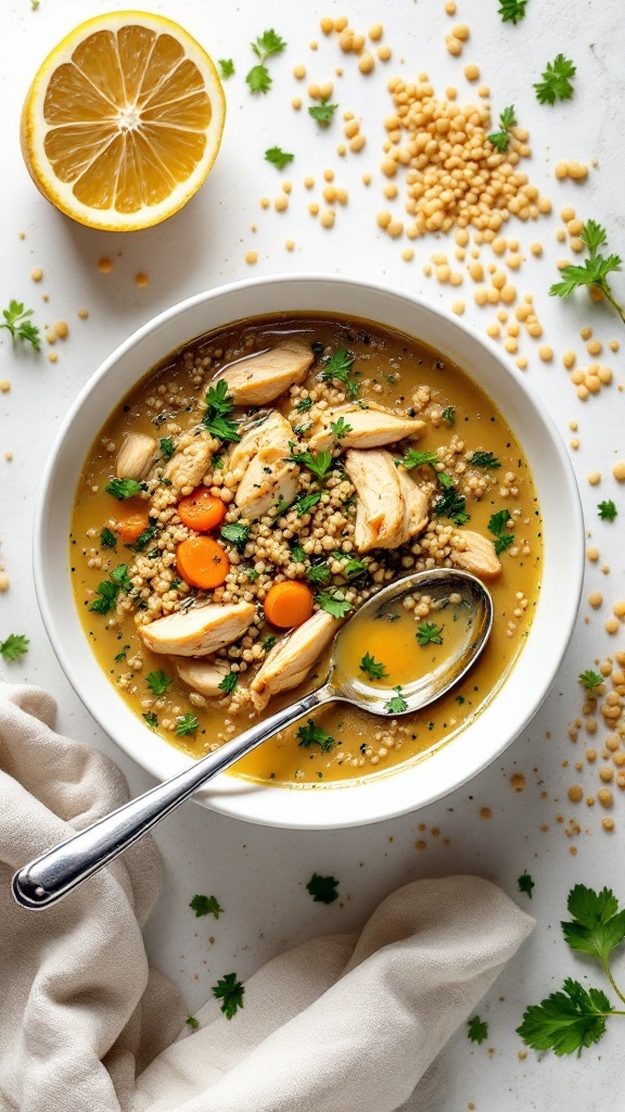 A bowl of herbed chicken and quinoa soup garnished with parsley and served with lemon.