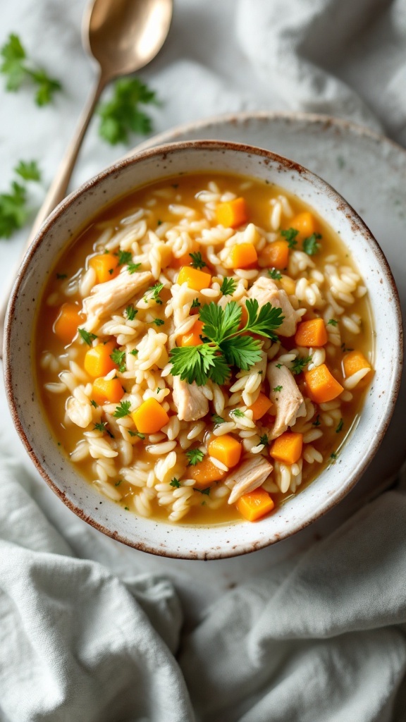 A bowl of Herbed Chicken and Rice Soup with orzo, carrots, and herbs