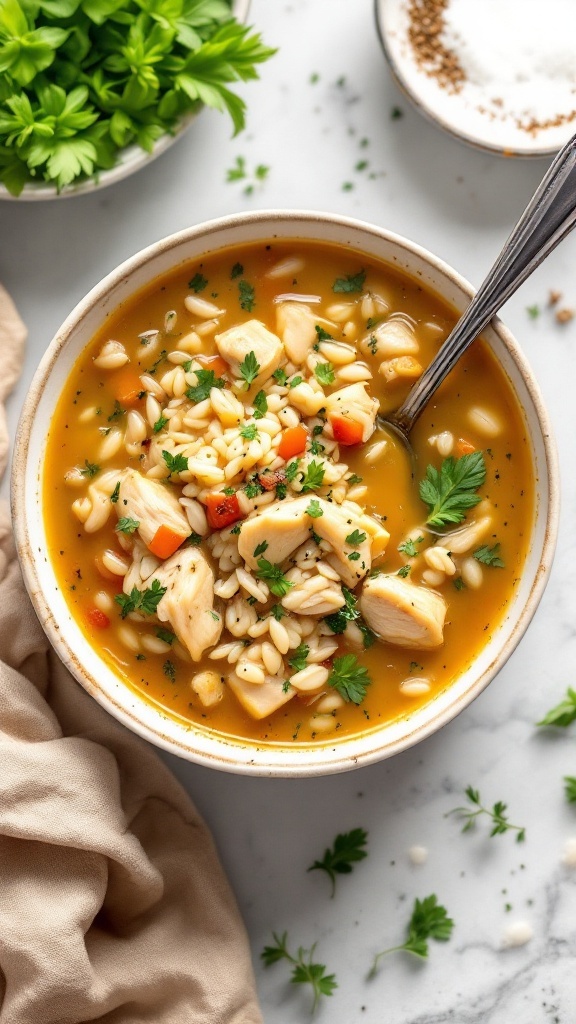 A bowl of herbed chicken and rice soup with chunks of chicken and herbs.