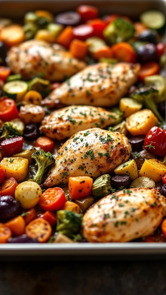 Herbed chicken served with a colorful array of roasted vegetables