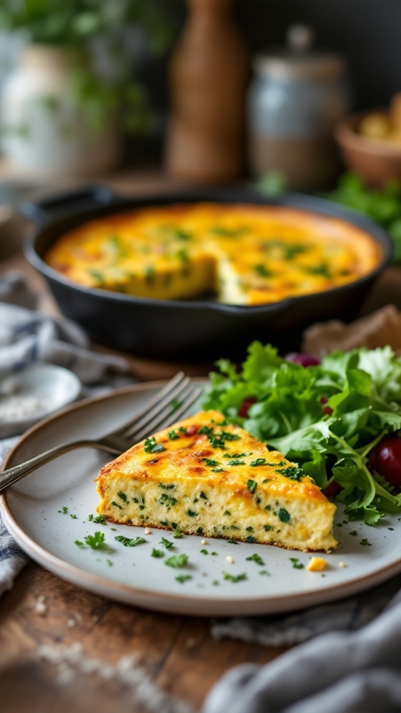 A slice of herbed chicken frittata on a plate with a side salad.