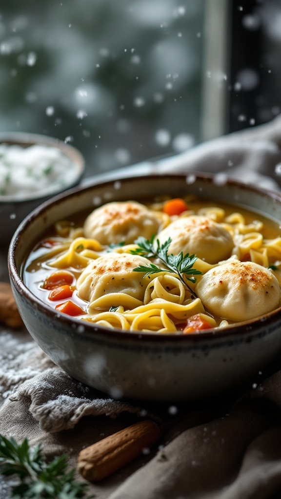 A cozy bowl of herbed chicken noodle soup with dumplings, perfect for winter nights.