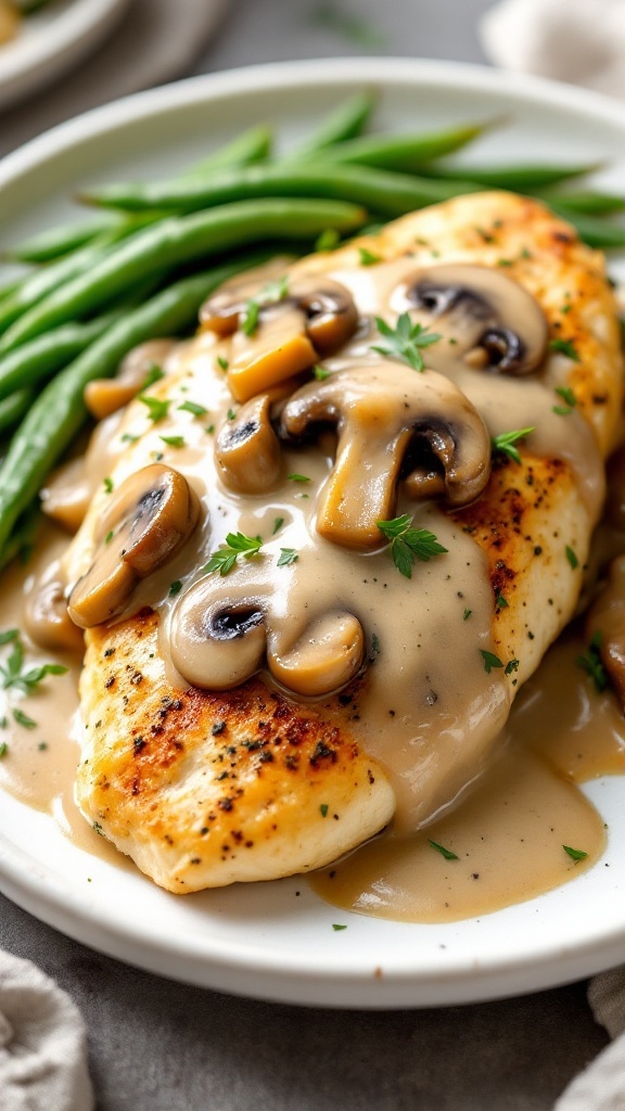 A plate of herbed chicken with creamy mushroom sauce served with green beans.