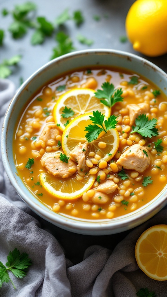 A bowl of herbed lemon chicken barley soup with fresh herbs and lemon slices