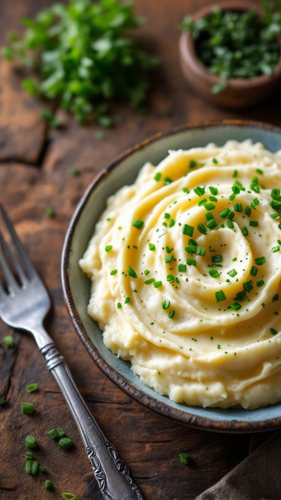 A bowl of creamy herbed mashed potatoes topped with chopped chives.