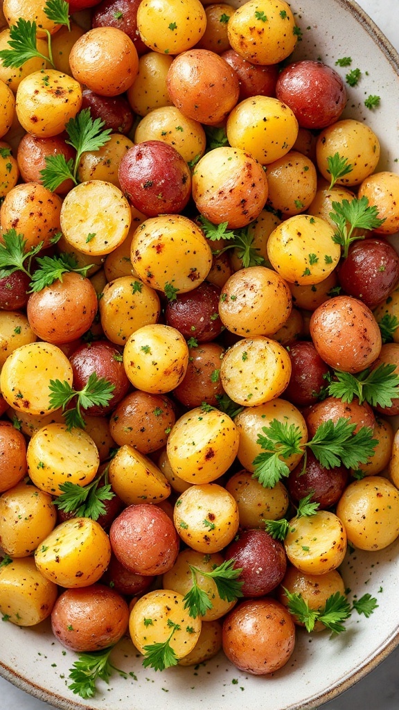 A colorful medley of herbed baby potatoes garnished with fresh parsley.