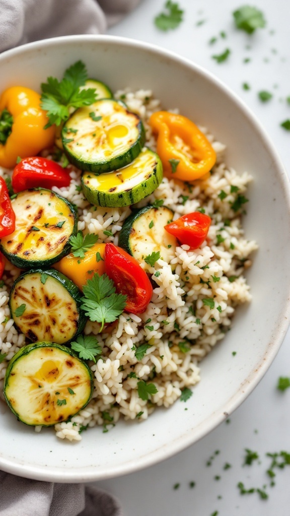 A bowl of herbed rice topped with grilled zucchini, bell peppers, and cherry tomatoes.