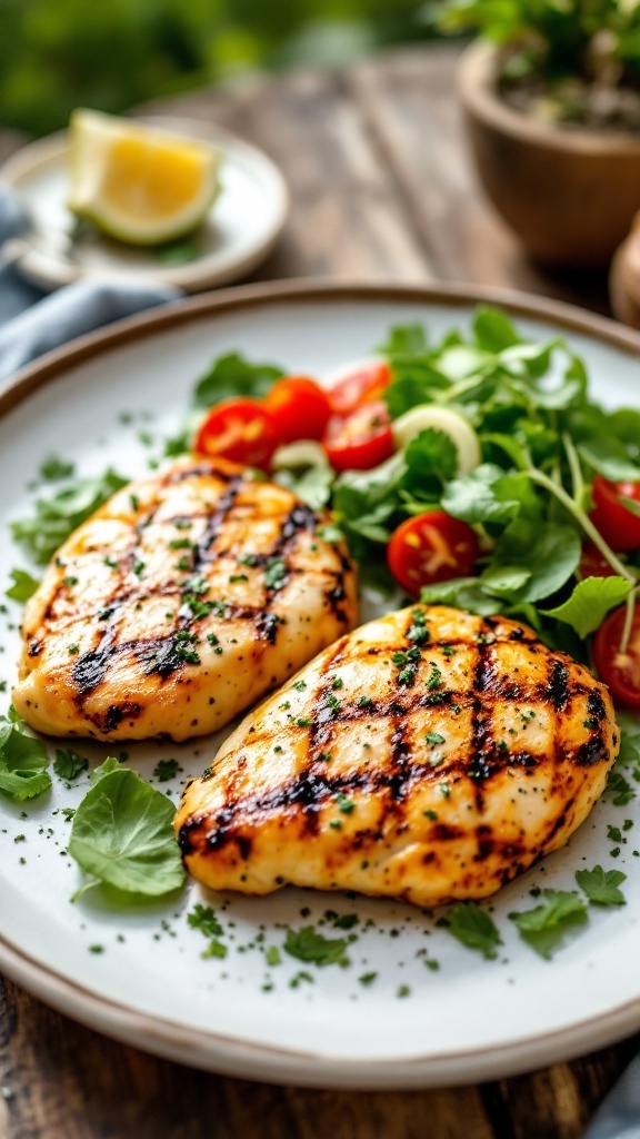 Grilled chicken breasts served with salad