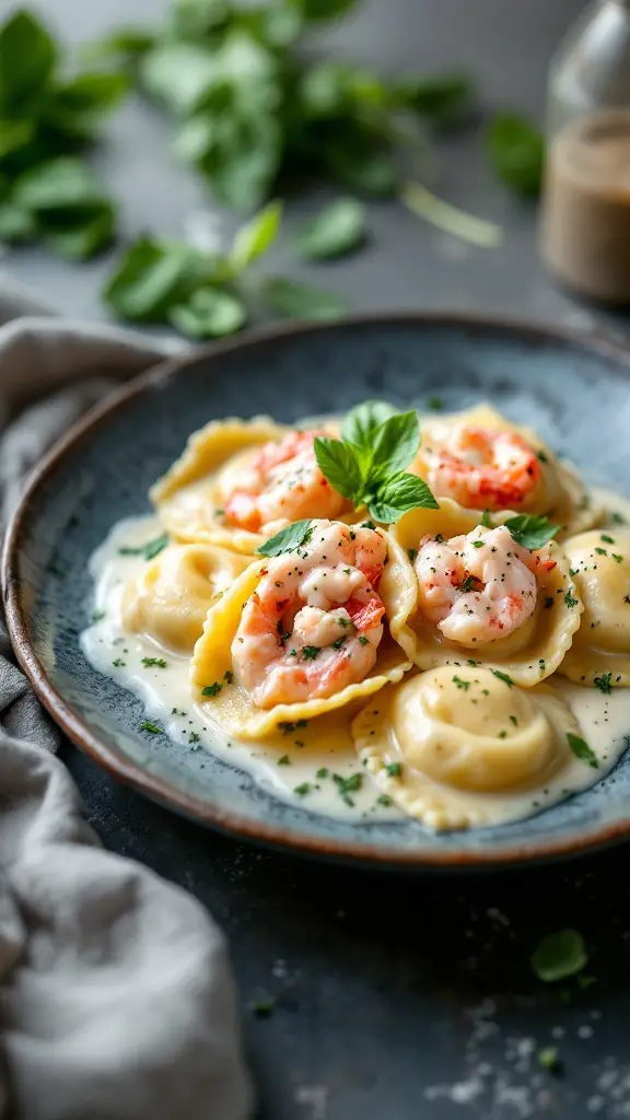 Plate of homemade lobster ravioli topped with creamy sauce and herbs