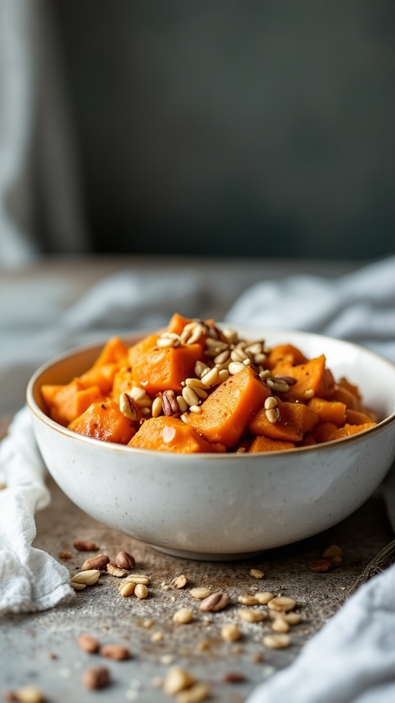 Bowl of honey cinnamon slow cooker sweet potatoes with nuts on top.