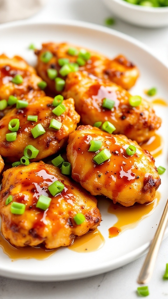 A plate of honey garlic baked chicken thighs garnished with green onions.