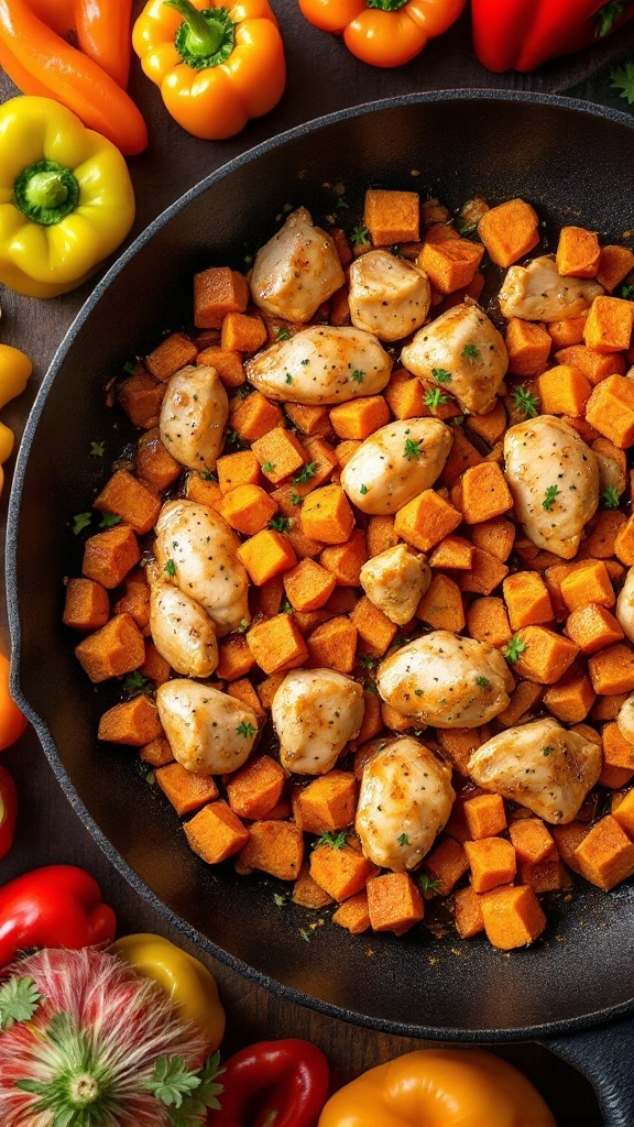 A delicious honey garlic chicken and sweet potato dish in a skillet