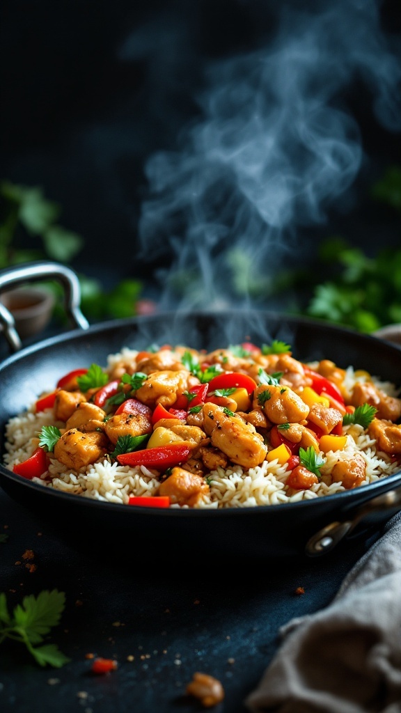 A colorful and steaming honey garlic chicken stir-fry served over rice.