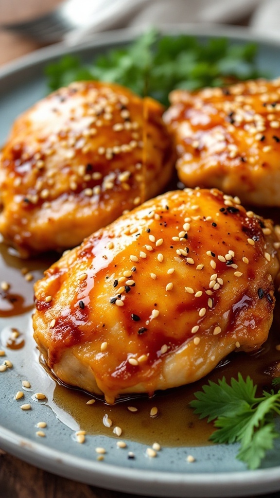 Delicious honey garlic chicken thighs garnished with sesame seeds.